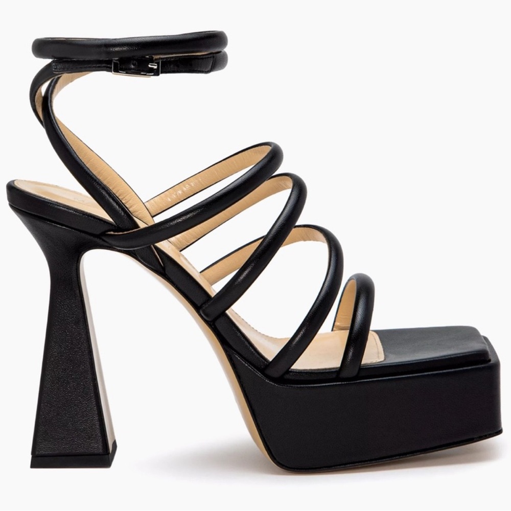 MACH & MACH Platform Heeled Leather Black Sandals Sz 8.5